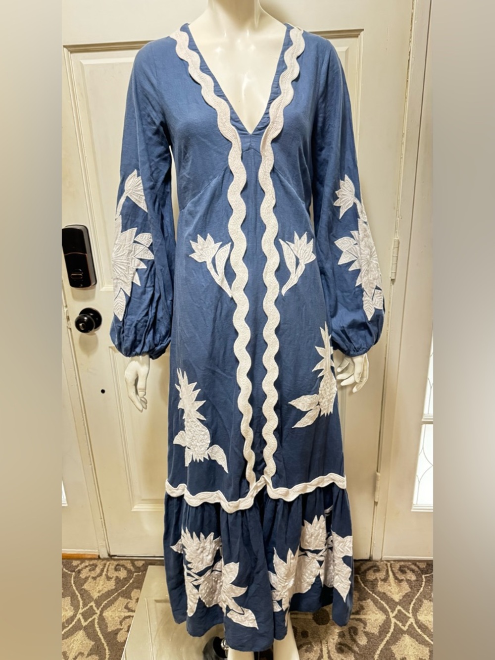 Farm Rio  Navy Blue White Floral Embroidery long sleeves Maxi Dress S XS - Picture 3 of 13